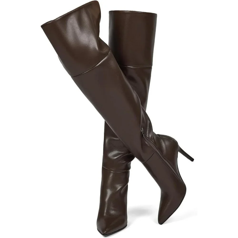 Women Chocolate Faux Leather Ponited Toe Zipper up Thigh High Stiletto Heel Boot